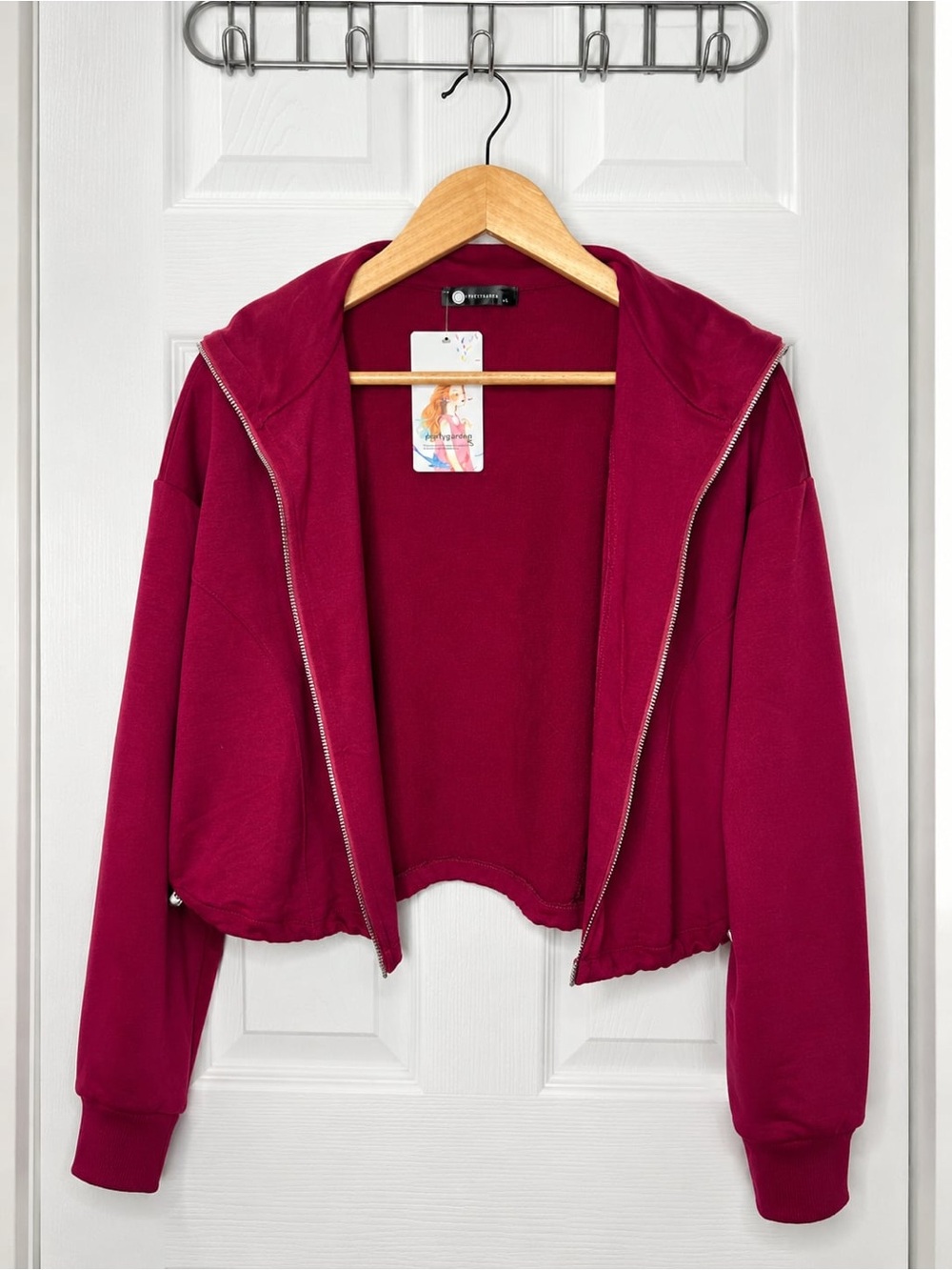 Women's Zip-Front Burgundy Cropped Jacket Sweatshirt PrettyGarden size S - Picture 7 of 9